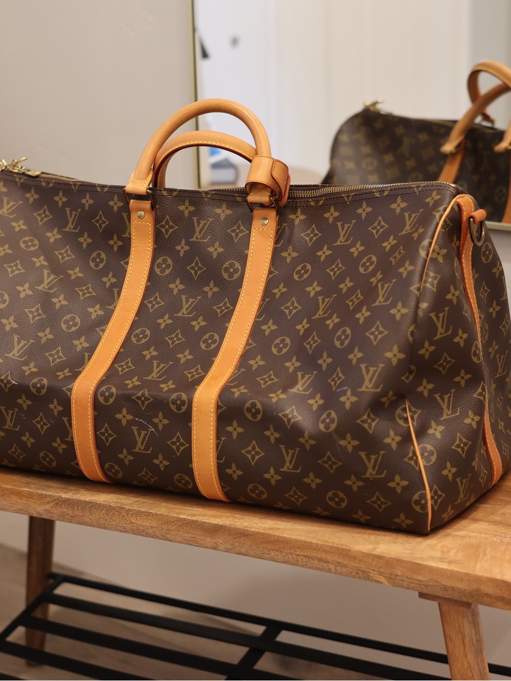 Louis Vuitton Brown Monogram Canvas Duffel with Tan Leather Trim